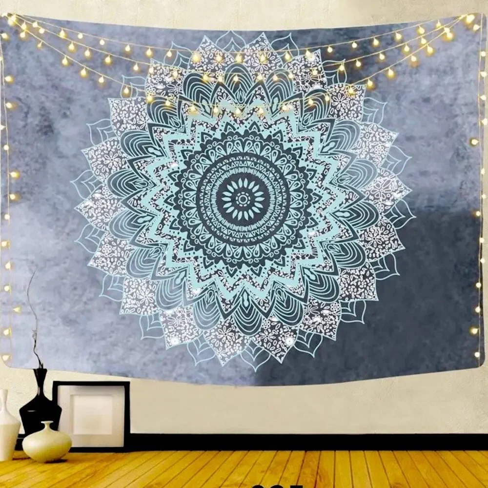 URBAN OUTFITTERS Boho Mandala Grey and Blue Geometric Tapestry Wall Hanging